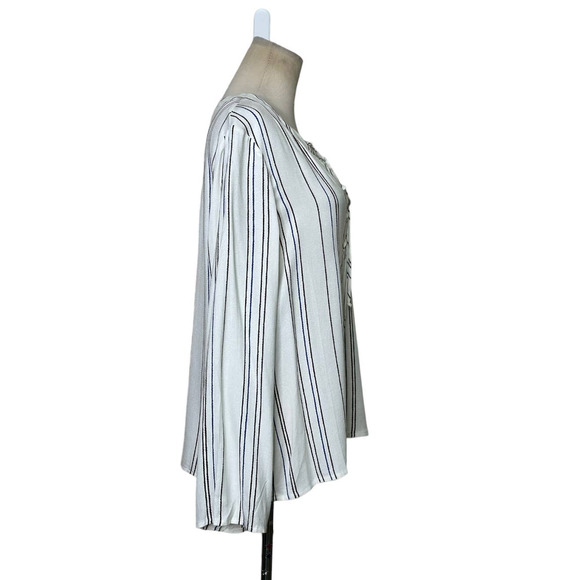WAYF Cream with Brown Blue Stripes Long Sleeves Lace Up Tunic size Small - Picture 4 of 9